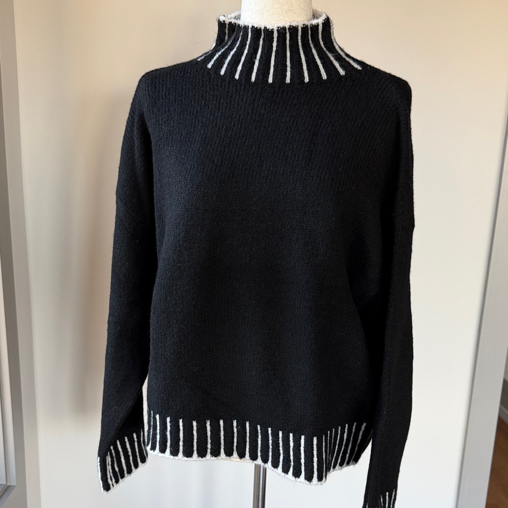 Elan Black and White Striped Turtleneck Sweater NEW